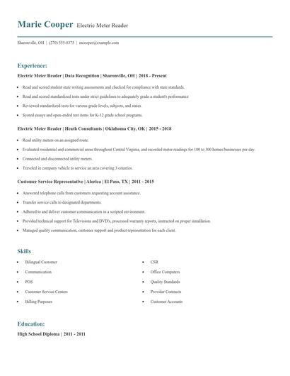 Electric Meter Reader Resume
