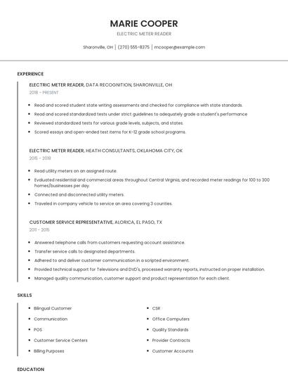 Electric Meter Reader Resume