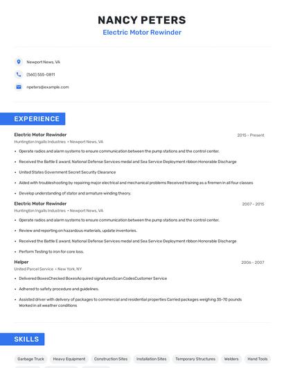 Electric Motor Rewinder Resume