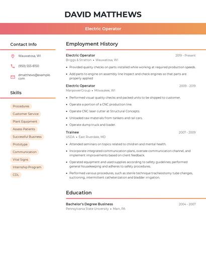 Electric Operator Resume