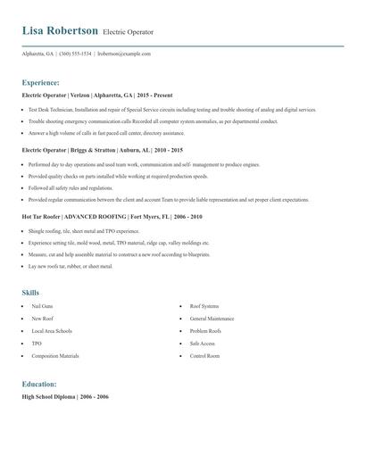 Electric Operator Resume