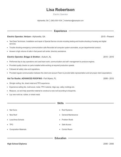 Electric Operator Resume