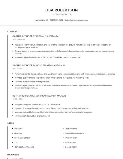 Electric Operator Resume