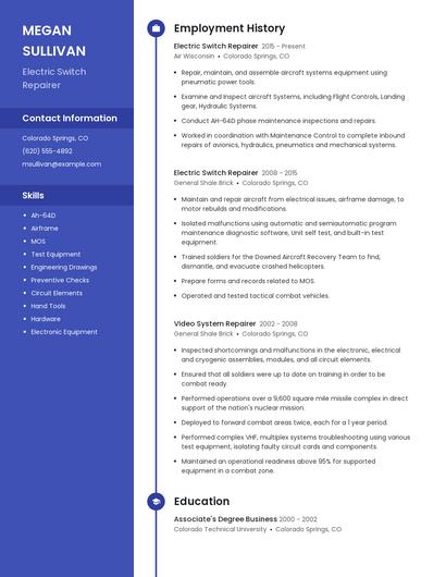 Electric Switch Repairer Resume
