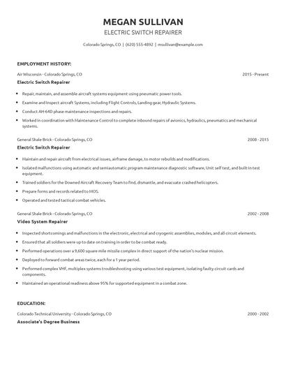Electric Switch Repairer Resume