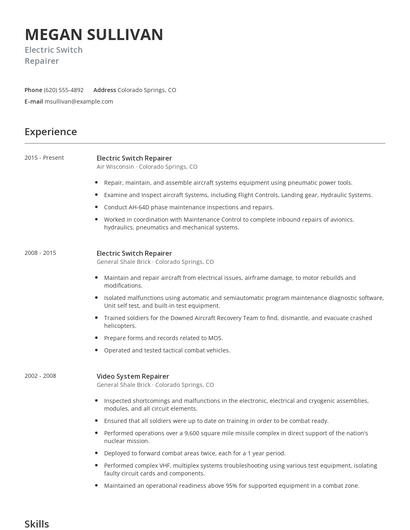 Electric Switch Repairer Resume