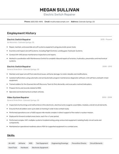 Electric Switch Repairer Resume