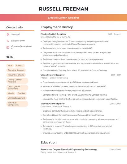 Electric Switch Repairer Resume