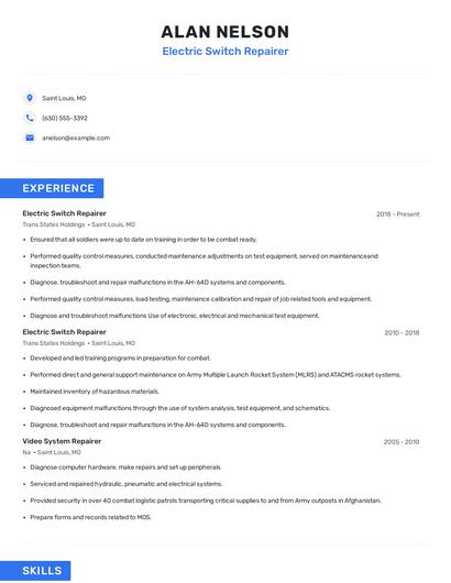 Electric Switch Repairer Resume