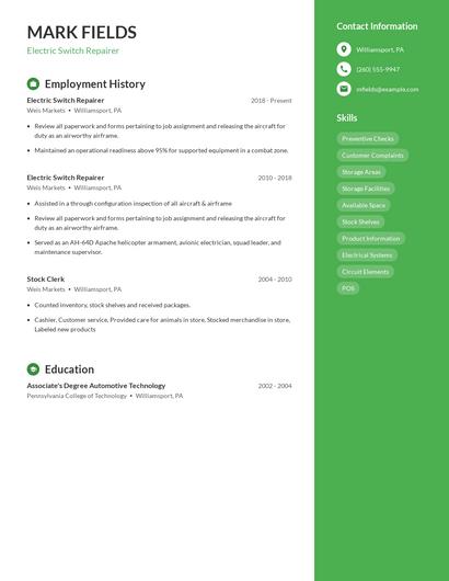 Electric Switch Repairer Resume