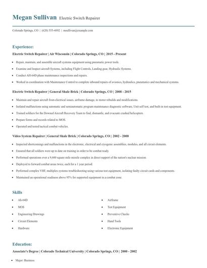 Electric Switch Repairer Resume