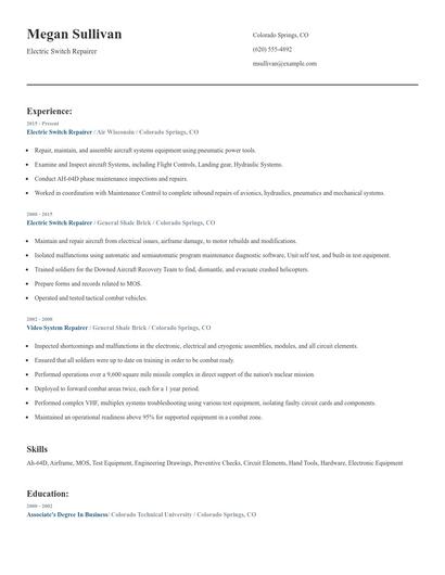 Electric Switch Repairer Resume