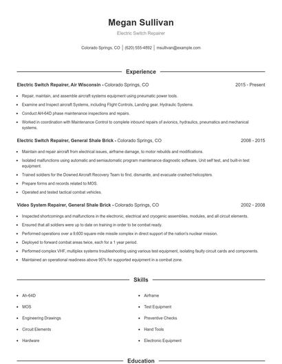 Electric Switch Repairer Resume