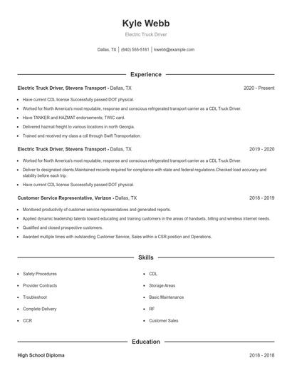 Electric Truck Driver Resume
