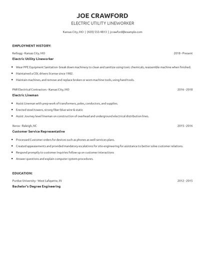 Electric Utility Lineworker Resume