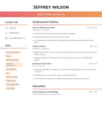 Electric Utility Lineworker Resume