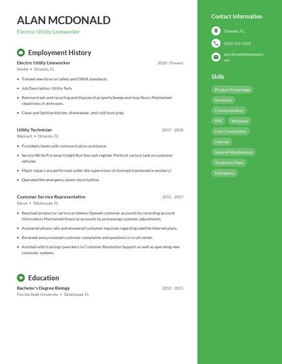 Electric Utility Lineworker Resume