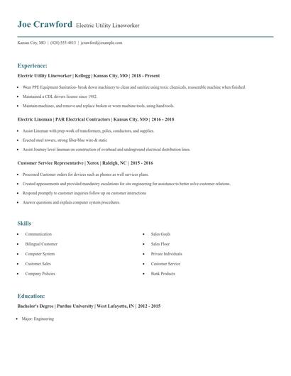Electric Utility Lineworker Resume