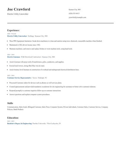 Electric Utility Lineworker Resume