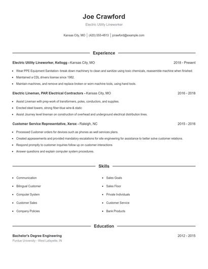 Electric Utility Lineworker Resume