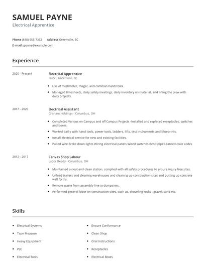 Electrical Apprentice Resume