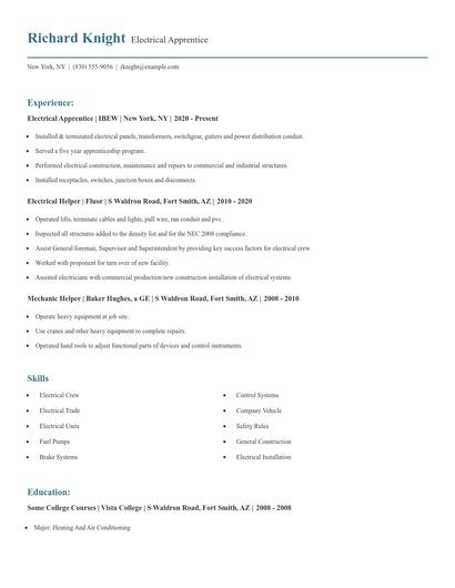 Electrical Apprentice Resume