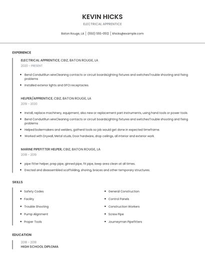 Electrical Apprentice Resume