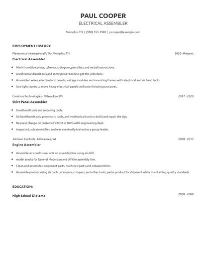 Electrical Assembler Resume