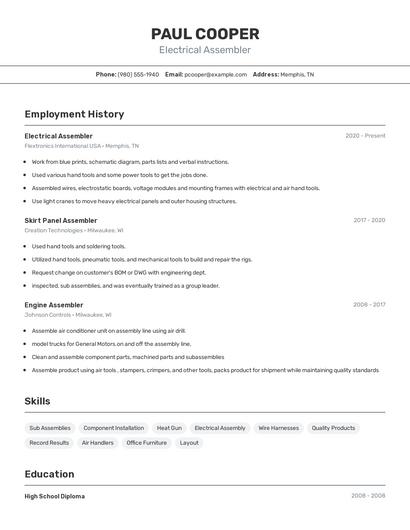 Electrical Assembler Resume