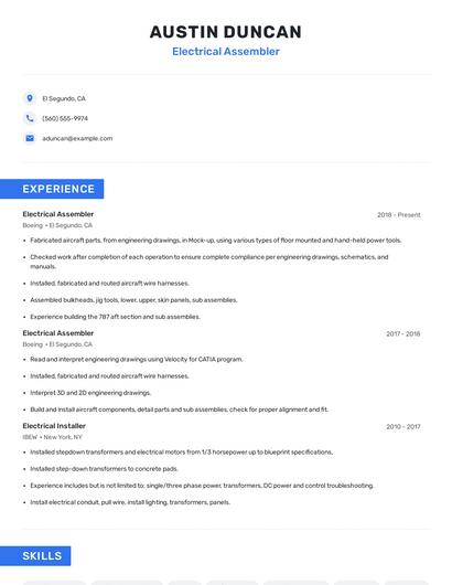 Electrical Assembler Resume