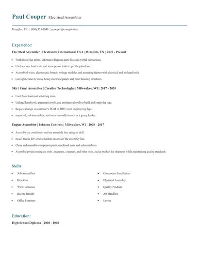 Electrical Assembler Resume
