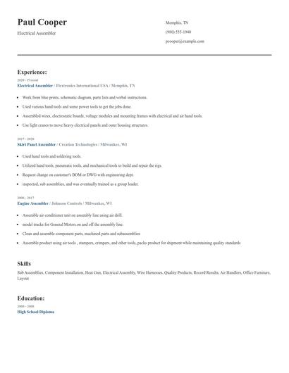 Electrical Assembler Resume