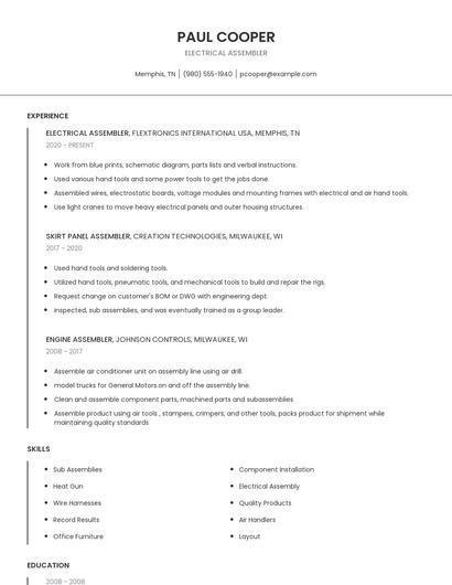 Electrical Assembler Resume
