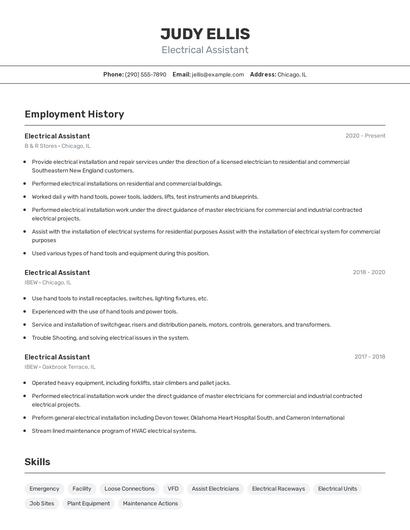 Electrical Assistant Resume