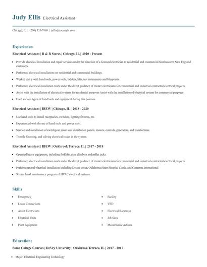 Electrical Assistant Resume