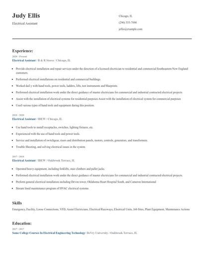 Electrical Assistant Resume