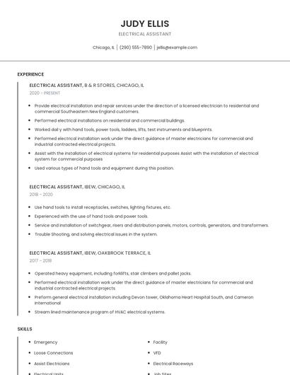 Electrical Assistant Resume