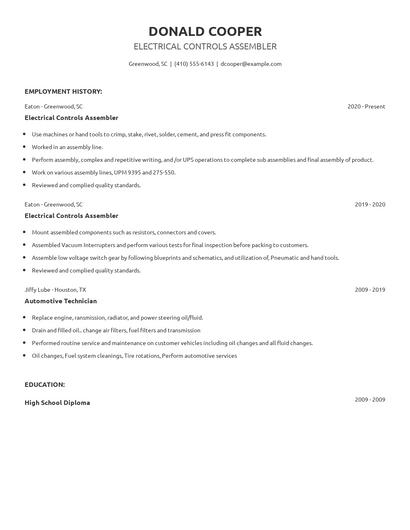 Electrical Controls Assembler Resume