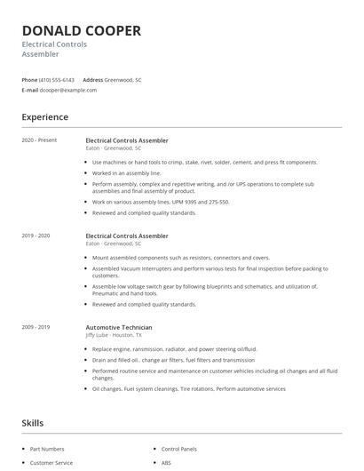Electrical Controls Assembler Resume