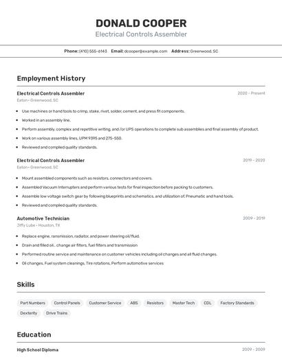 Electrical Controls Assembler Resume