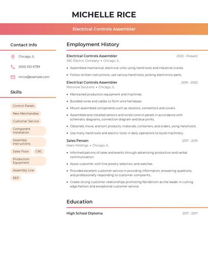 Electrical Controls Assembler Resume