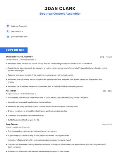 Electrical Controls Assembler Resume