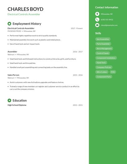 Electrical Controls Assembler Resume