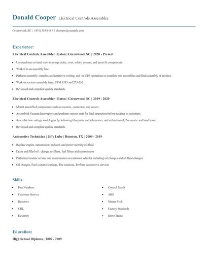 Electrical Controls Assembler Resume