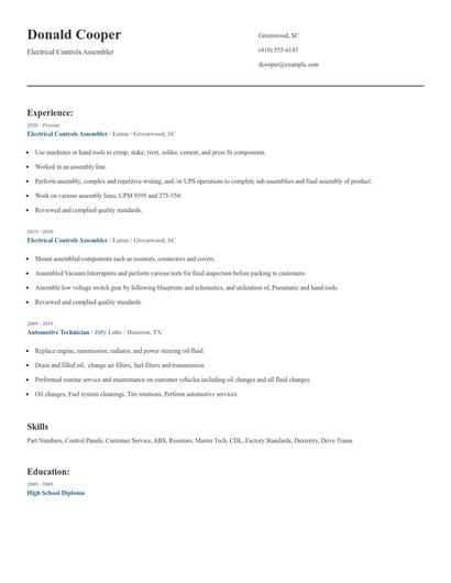 Electrical Controls Assembler Resume