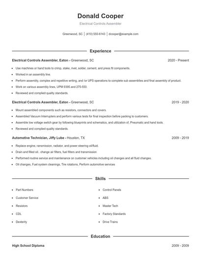 Electrical Controls Assembler Resume