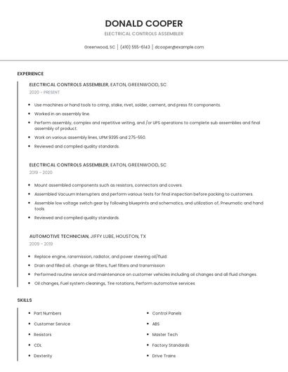 Electrical Controls Assembler Resume
