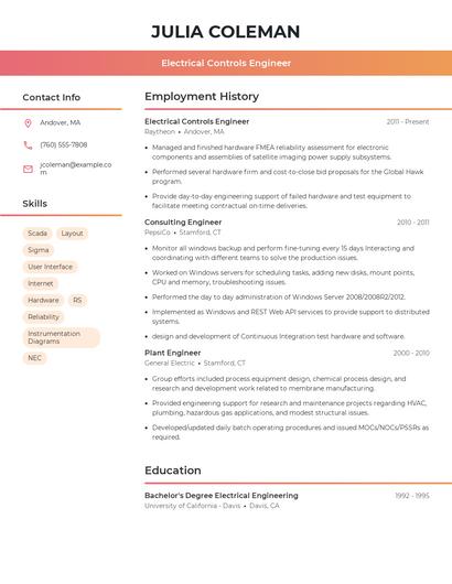 Electrical Controls Engineer Resume