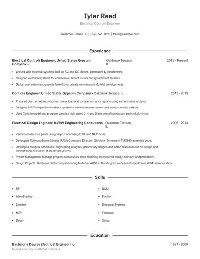 Electrical Controls Engineer Resume