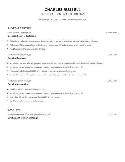 Electrical Controls Technician Resume